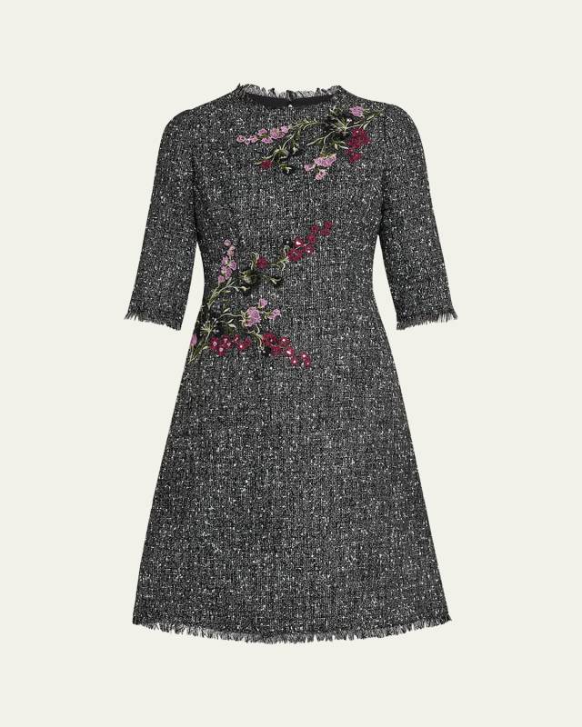 Fringe-Trim Floral Applique Tweed Dress